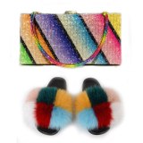 Summer Fluffy Fox Fur Slides + Rhinestone Rainbow Bag