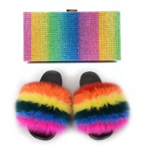 Summer Fluffy Fox Fur Slides + Rhinestone Rainbow Bag