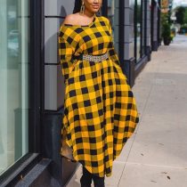 Yellow Plaid Office High Waist Asymmetrical   Dresses 212132