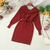 Autumn Winter Women Knitted Sweater Dress  Korean Long Batwing Sleeve V Neck Dresses