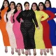 Plus Size Solid Color O-neck Hollow Out High Stretch Ankle-Length Dresses QJ527889
