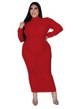 Plus Size Solid Color O-neck Hollow Out High Stretch Ankle-Length Dresses QJ527889