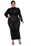 Plus Size Solid Color O-neck Hollow Out High Stretch Ankle-Length Dresses QJ527889