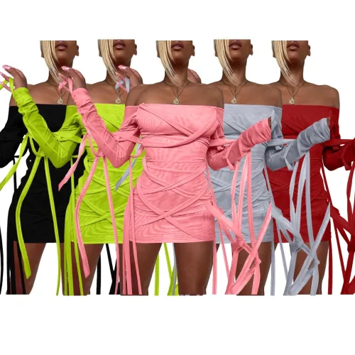 Sexy Solid Color Slash Neck Drawstring Bandage Mini Dress Dresses