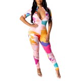 Women World Map Printed Tight  Short Sleeves Zipper Collar Bodysuit Bodysuits Outfit Outfits D9346