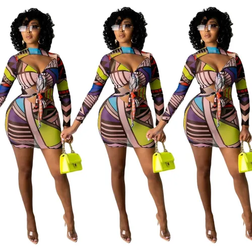 Women Tie Dye Hollow Out Holiday Party  Long Sleeve  Dress Dresses YY5284