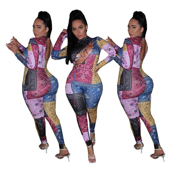 Fashion Long Sleeve Bandana Paisley Printed Hollow Out Bodysuit Bodysuits Outfit Outfits 9992