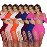 Plus Size Fashion Bandage Hollow Out Slim Long Sleeve Dress Dresses M3042