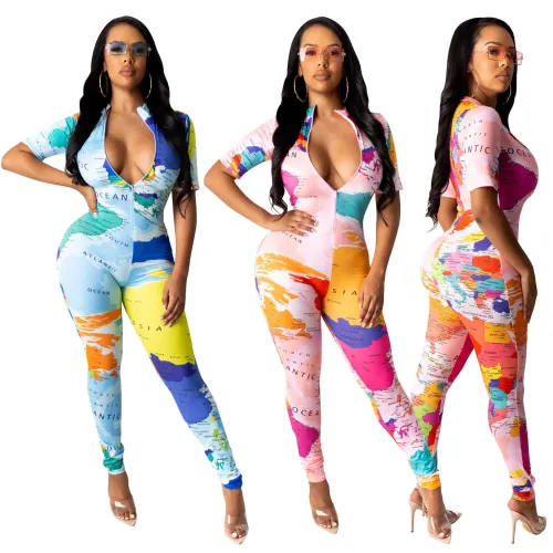 Women World Map Printed Tight  Short Sleeves Zipper Collar Bodysuit Bodysuits Outfit Outfits D9346