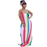 Fashion Sleeveless Maxi Dress Loose Striped Print Bandage Beach Party Dresses AT0825