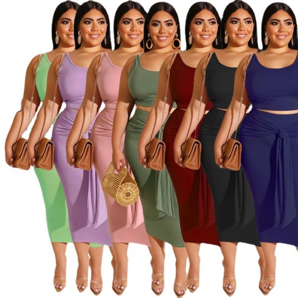 Plus Size Solid Crop Top And Long Skirts  Dress Dresses