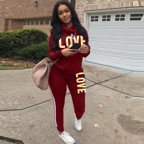 Plus Size LOVE Letter Print High Neck Hoodies Tracksuit Tracksuits Z6043