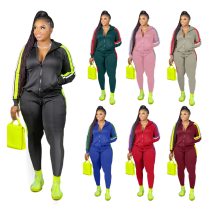 Plus Size Contrast Color Patchwork Turn Down Collar Side Striped Tracksuit Tracksuits H1530