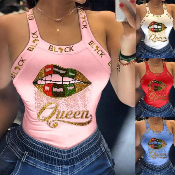 Women U Neck Letter Print Lips Vest Summer Shirts  Tops 20805