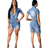 Fashion Turn-down Hole Denim Solid Color Bodysuit Bodysuits Outfit Outfits 3023