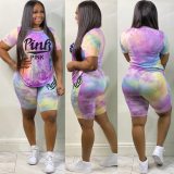 Pink Letter Tie Dye Print Birthday Top And Biker Shorts Bodysuit Bodysuits H1328