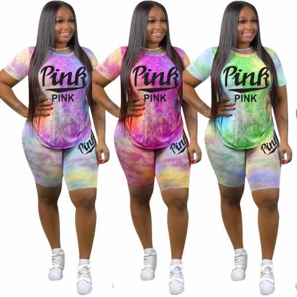 Pink Letter Tie Dye Print Birthday Top And Biker Shorts Bodysuit Bodysuits H1328