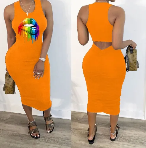 Sexy Sleeveless Mouth Print Bandage Party Night Club Dress Dresses 8694