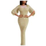 Women O-neck Long Shiny Evening Party Dress Dresses G422637