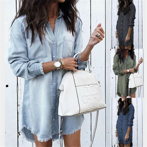 Fashion Women Denim Shirt Vintage Jean Blouses Casual Tops