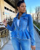 Women Denim Jacket Ruffle Hem Slim Fit Short Jeans Jackets Coat PT7102