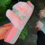 Fashion Faux Fur Double Row Plush Rhinestone Slippers Slides Sandals