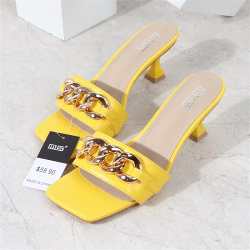 Fashion 6cm Heels Golden Metal Chain Slippers Slides Sandals