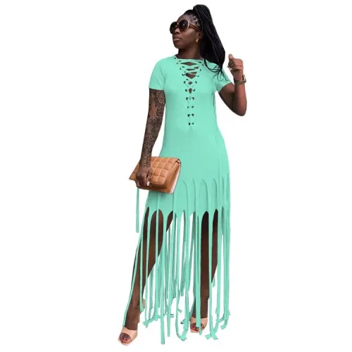 Women Solid Color Hole Tassel Patchwork Maxi Long Dress Dresses SZ805768