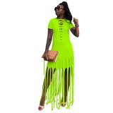 Women Solid Color Hole Tassel Patchwork Maxi Long Dress Dresses SZ805768