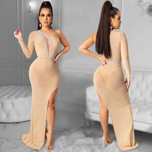 Sexy One Sleeve Diamond Sheer Mesh See Through Dress Dresses X502839