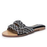 Women Rhinestone Braided Cross Flat Slippers Slides Sandals