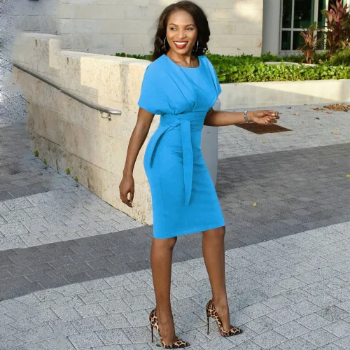Women Pencil Knee-length Elegant Belt Office Dress Dresses S3351