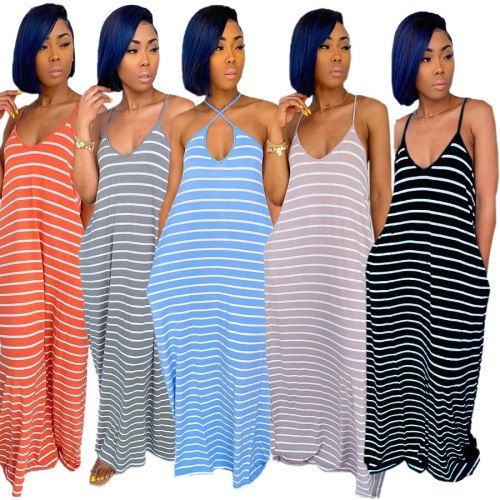 Women Casual Halter Loose Striped Beach Night Dress Dresses