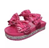 Women thick-soled bow rhinestone satin Slippers Slides Sandals