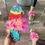 Women Colorful Fur Plush Square Toe Beach Slippers Slides Sandals