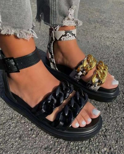 Retro Snake Flat Platform Wedge Casual Buckle Strap Chain Slippers Slides Sandals
