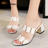 Women Pu Leather Peep Toe High Heel Slippers Slides Sandals G6058