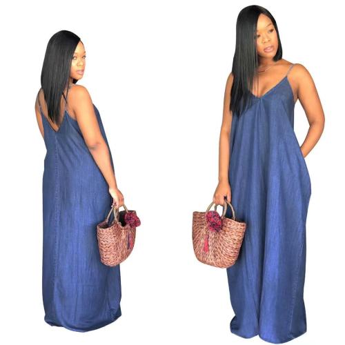 Women Boho Backless Baggy Denim Jeans Maxi Dress Dresses SMR8908