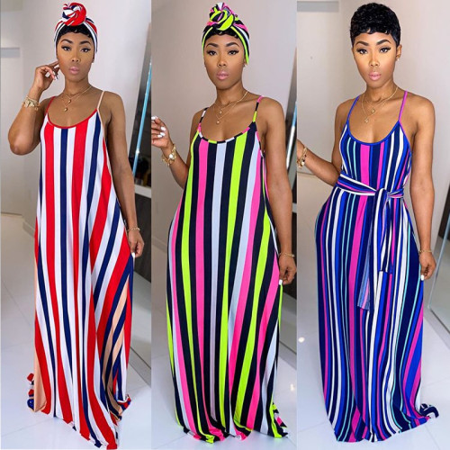 Sexy Striped Print Loose Beach Party Dress Dresses & Head Scarf Y8913