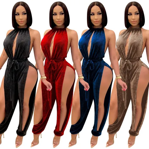 Fashion  Hollow Out Solid Halter Party Bodysuit Bodysuits Outfit Outfits X373748