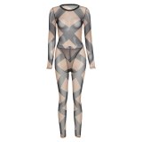 Women Cross Striped Bodysuit+Elastic Leggings Mesh See Through Bodysuit Bodysuits Outfit Outfits