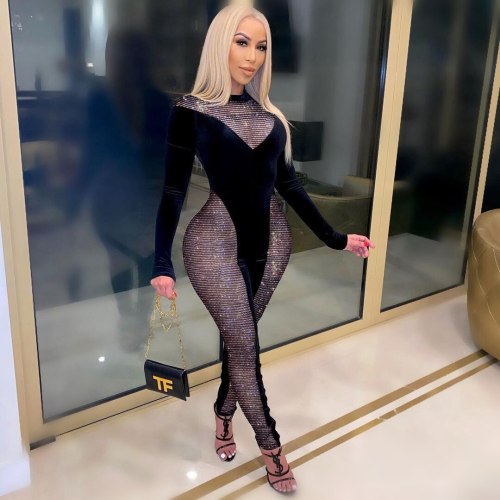 Sexy Velvet Patchwork See Through Bodysuit Bodysuits Outfit Outfits  LD90810