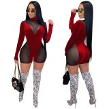 Fashion Velvet Patchwork Mesh See Through Bodysuit Bodysuits Outfit Outfits S3900310