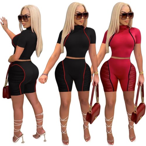 Sexy Patchwork Turtleneck Top and Mesh Biker Shorts Bodysuit Bodysuits Outfit Outfits YY5271