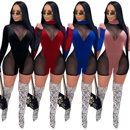 Fashion Velvet Patchwork Mesh See Through Bodysuit Bodysuits Outfit Outfits S3900310