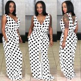 Women Casual  Deep V Neck Pock Dot Print Bodysuit Bodysuits Outfit Outfits R6099