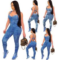 Sexy Denim Print Tight Club Party Bodysuit Bodysuits Outfit Outfits H3689