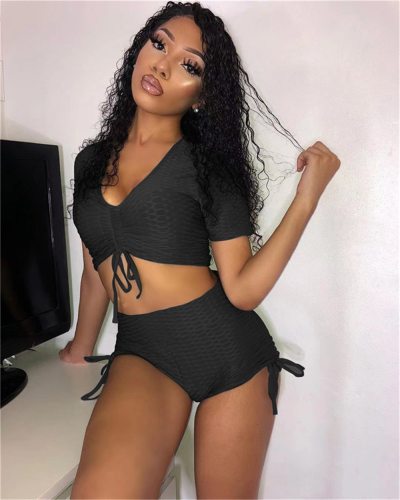 Fashion Drawstring Crop Top+Biker Shorts Fitness Bodysuit Bodysuits Outfit Outfits Y8081
