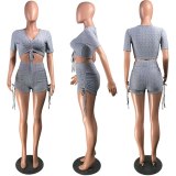 Fashion Drawstring Crop Top+Biker Shorts Fitness Bodysuit Bodysuits Outfit Outfits Y8081