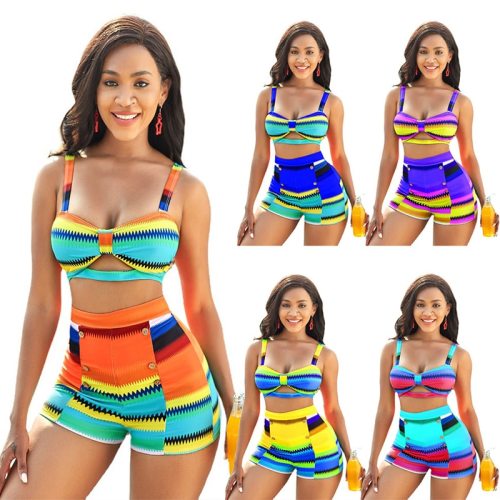 Sexy Spaghetti Strap Crop Top Biker Swimsuit Swimsuits B9276